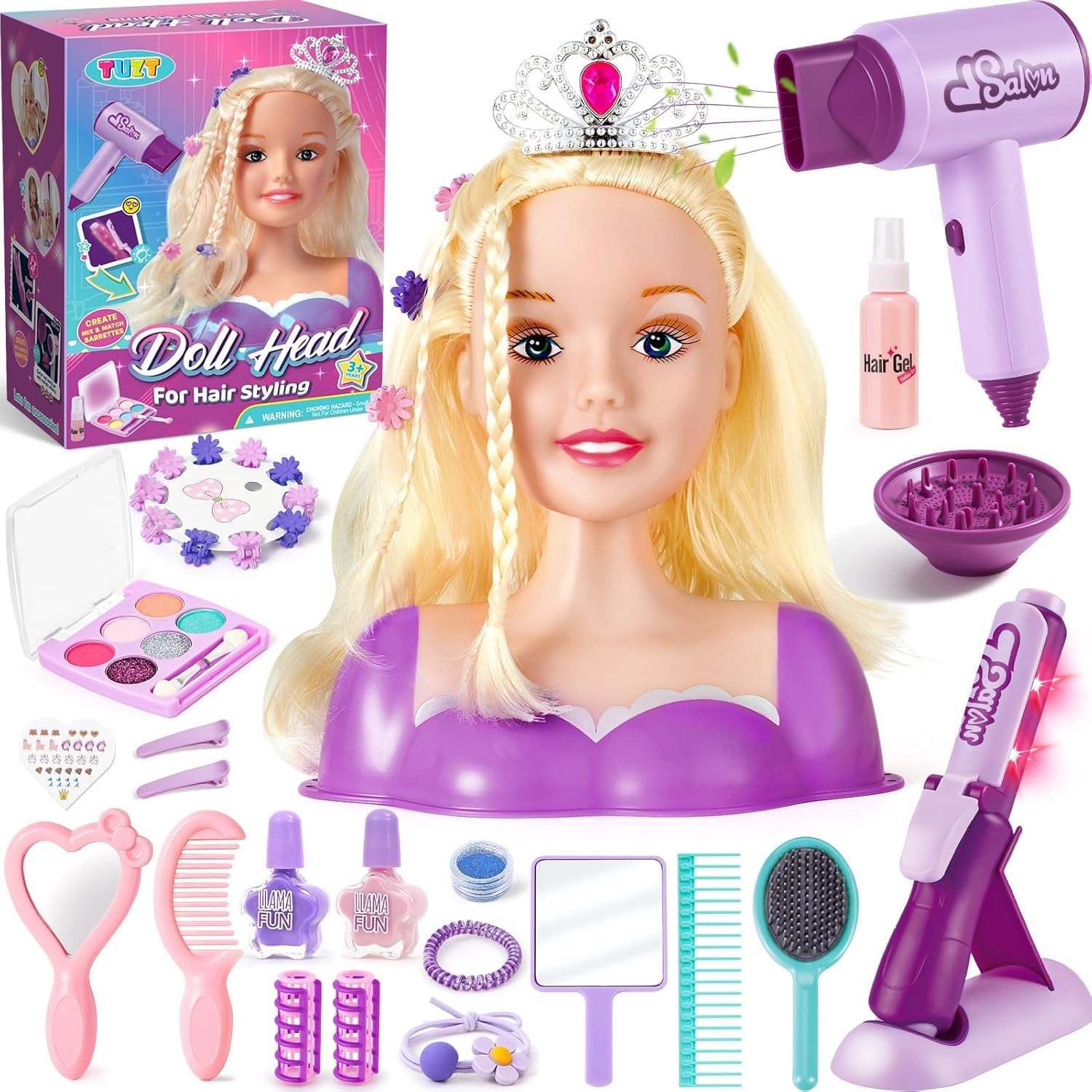 Kids Hairdressing Set Makeup Dolls Head Styling Toy for 3 4 5 6 7 Years Old Girls Beauty Set Hair Dryer Straightener Hairdressing Heads Doll Dressing Hair Salon Pretend Play Role Play Toys Girls Gifts