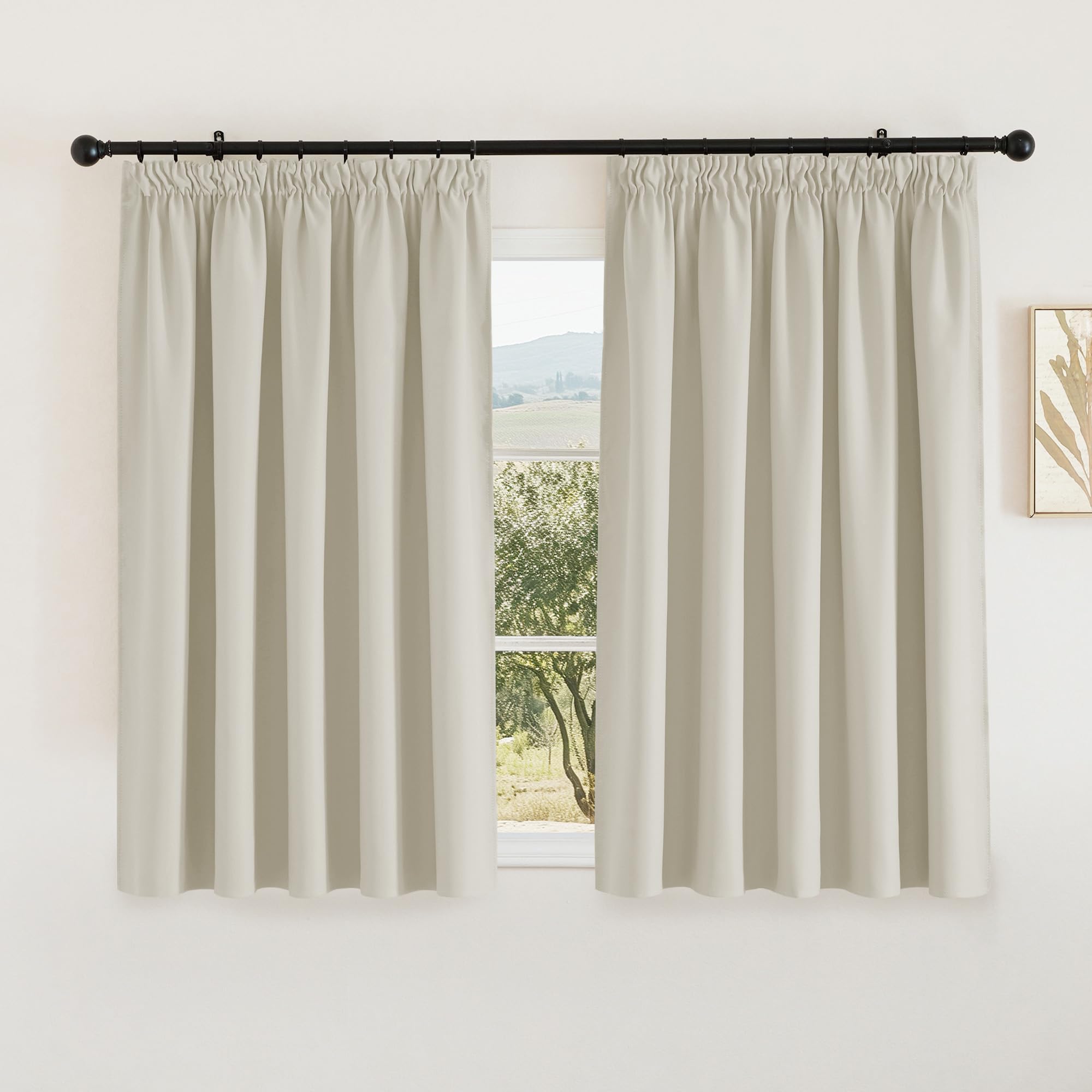 PONY DANCE Energy Saving Bedroom Blackout Curtains - 54 inch Drop Hand Made Pencil Pleat Curtain Drapes Thermal Insulated Room Darkening for Living Room, W66 X L54, Light Beige, 2 Panels — image 1