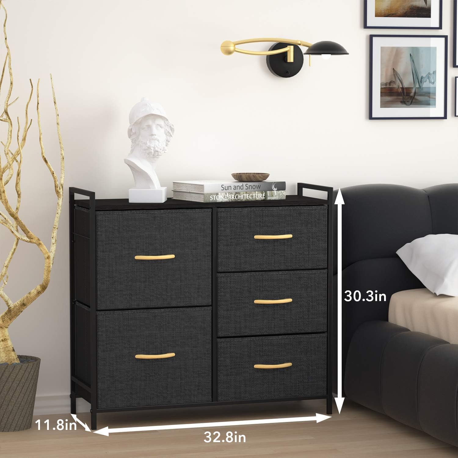 ROMOON Dresser Organizer with 5 Drawers, Fabric Dresser Tower for Bedroom, Hallway, Entryway, Closets - Dark Gray -