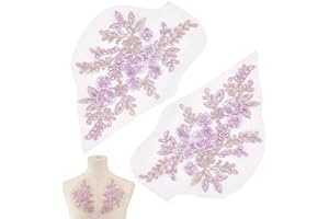 NBEADS 1 Pair 3D Flower Lace Applique, Lilac Flower Beaded Sequins Patch Sew on Embroidered Applique for Wedding Dress DIY Patch Clothing Accessories, 7.2x14.6inch