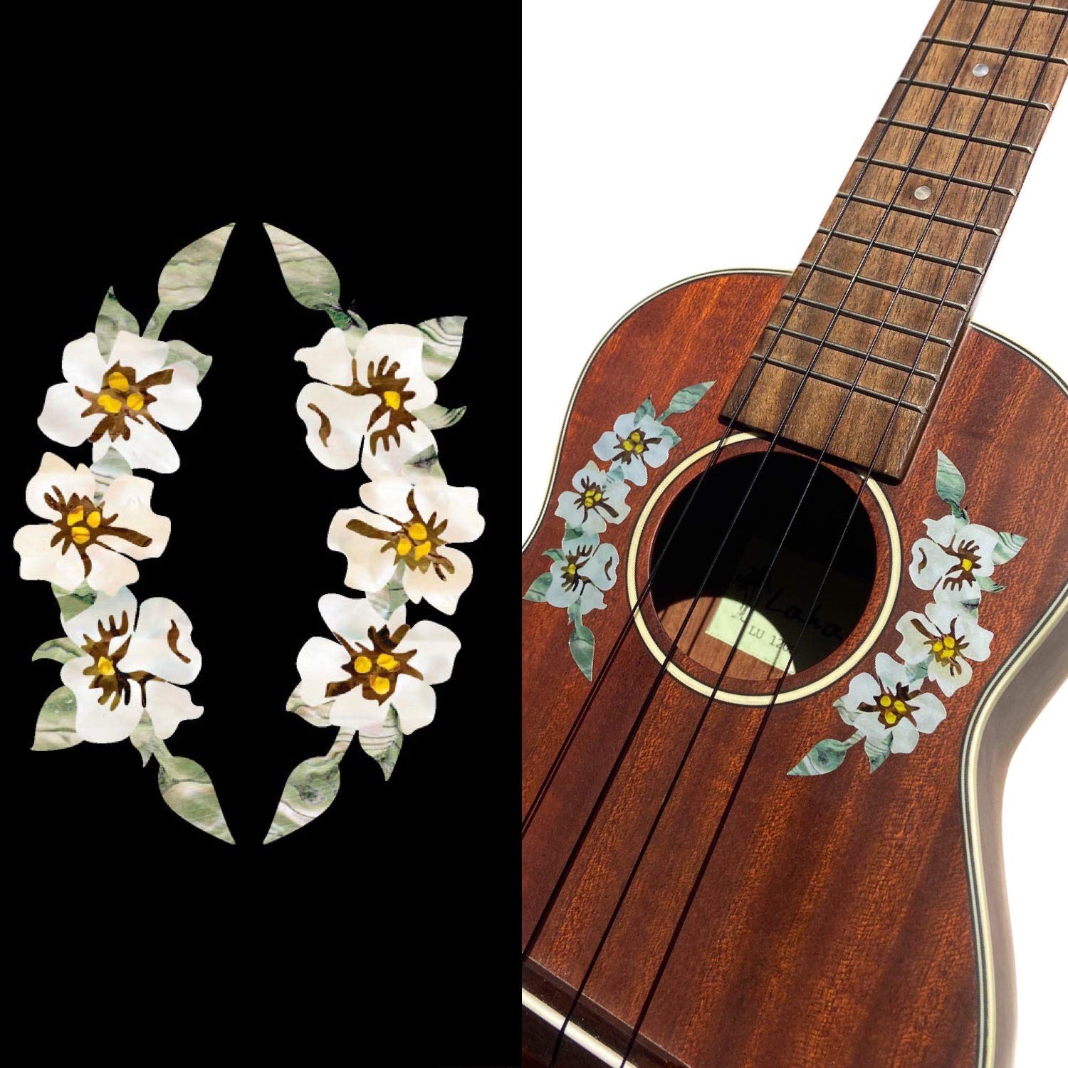 Inlaystickers Inlay Sticker Decal for Ukulele - Soundhole Rosette/Purfling - Hibiscus Flowers UKR-281HIB