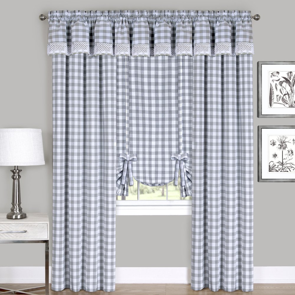 Sweet Home Collection Kitchen Window Curtain Panel Treatment Decorative Buffalo Check Design, 84", Gray
