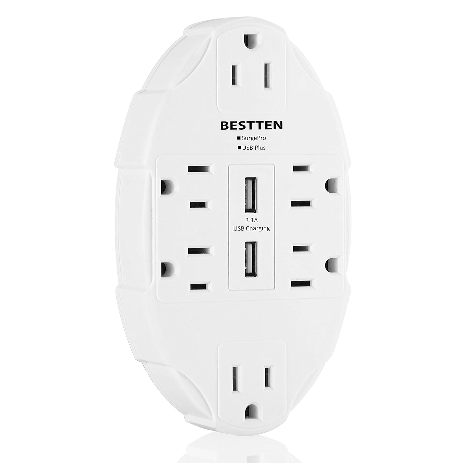 BESTTEN 6 Outlet Wall Tap Adapter with Dual USB Charging Ports (3.1 Amp in Total), Surge Protector Electrical Socket Splitter, ETL Listed, White