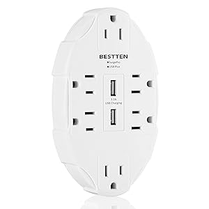BESTTEN 6 Outlet Wall Tap Adapter with Dual USB Charging Ports (3.1 Amp in Total), Surge Protector Electrical Socket Splitter, ETL Listed, White
