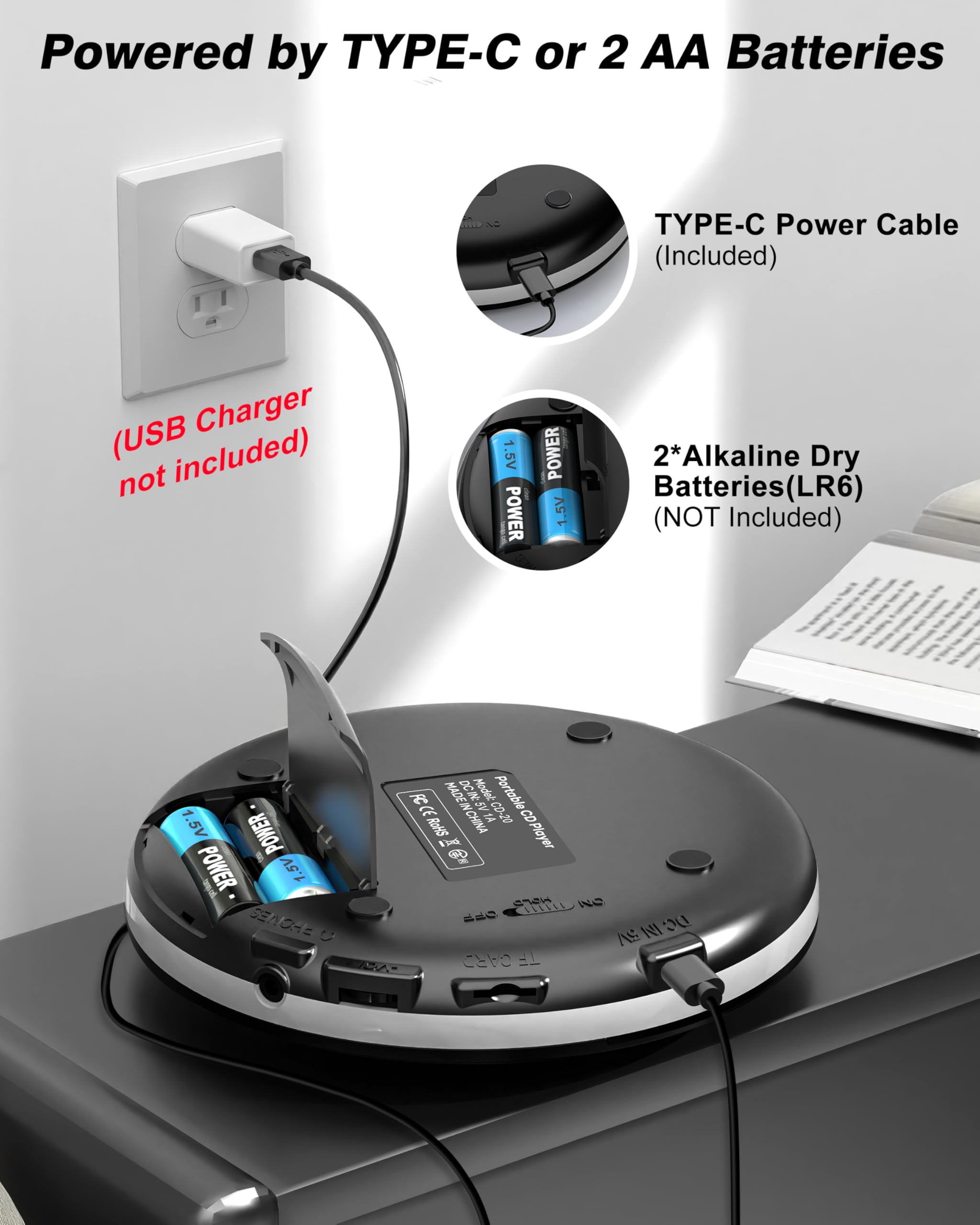 Sunoony Walkman CD Player,Portable CD Player for Car,Personal Disman CD Player with Headphones Jack,LCD Display,Anti-Skip,Aux-Out Cable/TF Slot,2*AA Batteries or Type-C Supply for Home,Travel and Car