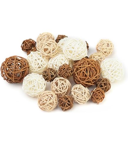 Set Decorativo 9 Bolas Naturales De Ratán Y Algodón: Relleno Para Jarrones Y Cuencos. Estilo Orgánico Para Tu Mesa O Estantería (Marrón/Blanco)