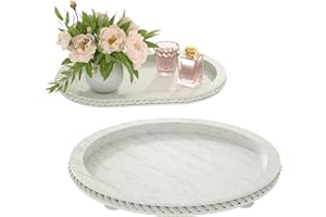 Urban Deco Wooden Tiered Tray, Oval and Round Tray Set of 2, Farmhouse Vintage Decorative Tray Stand for Coffee Table, White Serving Tray for Living Room Kitchen Home Decor - 1 Set