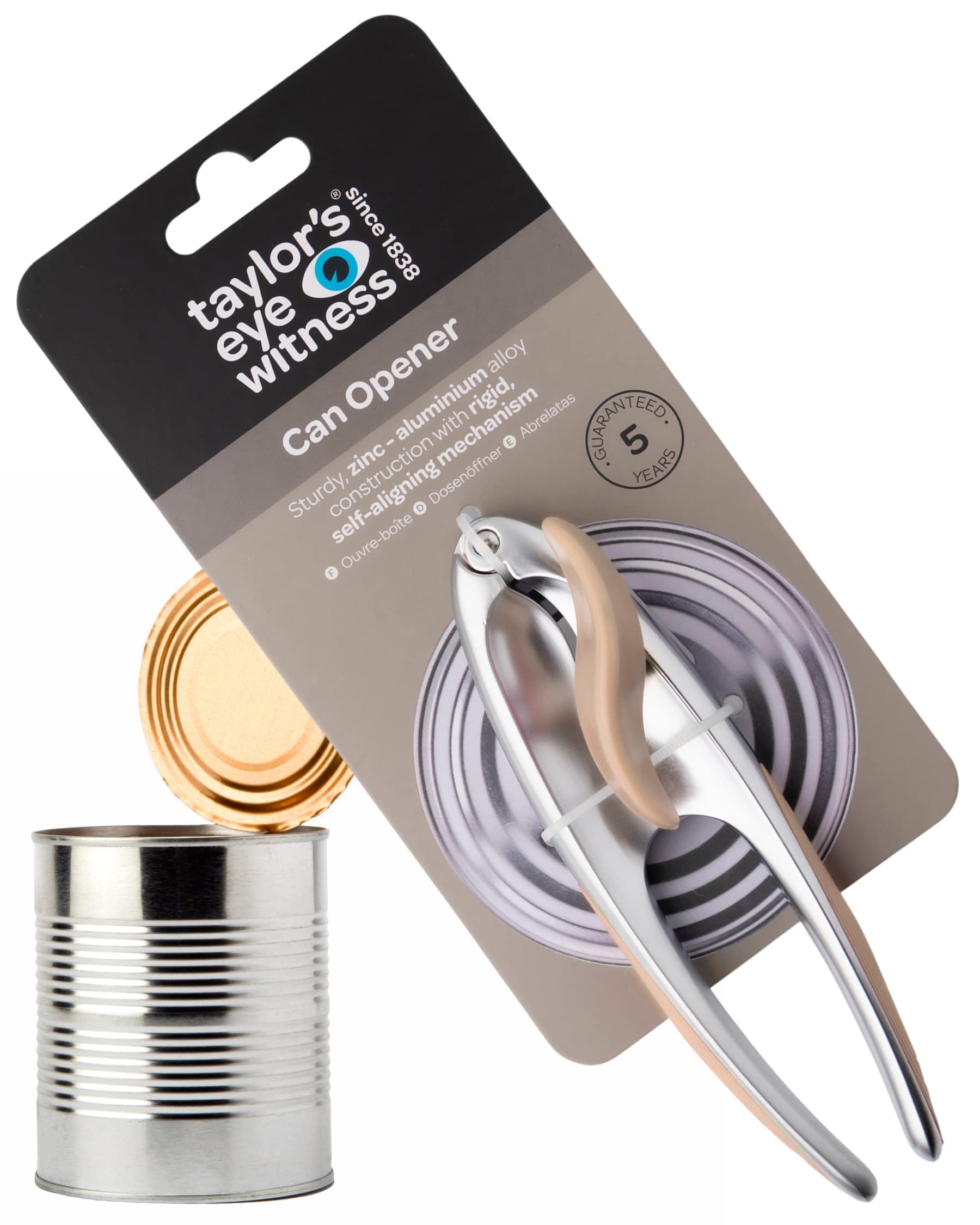 Premium 2-in-1 Manual Can Opener - Taylors Eye Witness, Easy to Use Tin Opener, Kitchen Gadget Made with Built-in Bottle Opener, Sturdy Zinc Aluminum Construction with Silver & Peach Colouring