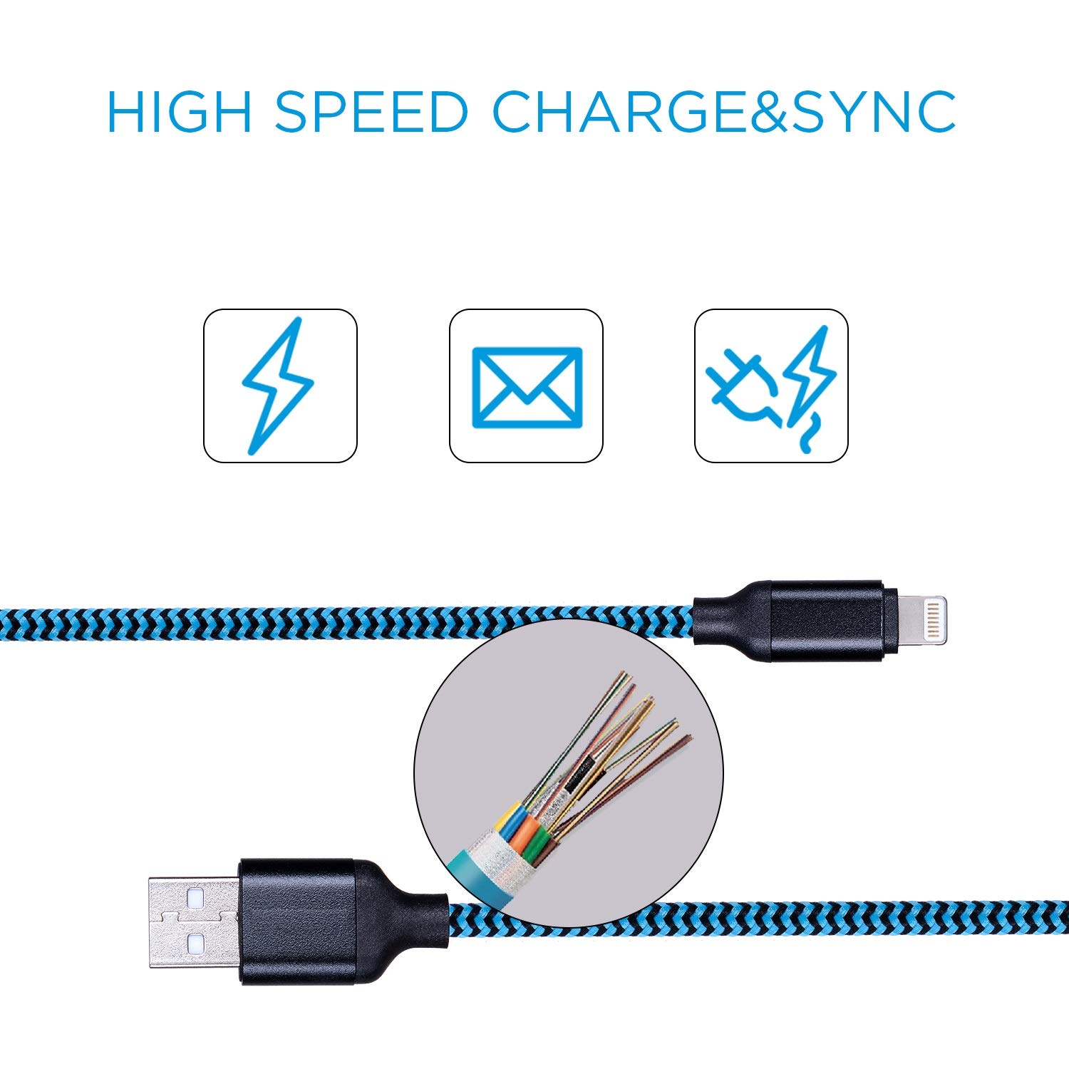 Long Phone Charger Cable, Nylon Braided 3-PACK 10ft Extra Long USB Data Cord Sync and Charging Lead for Phone X XS Max XR/8/8 Plus 7/7 Plus 6/6s Plus 5/5s/5c, Pad Mini/Air/Pro Pod Touch (Blue)