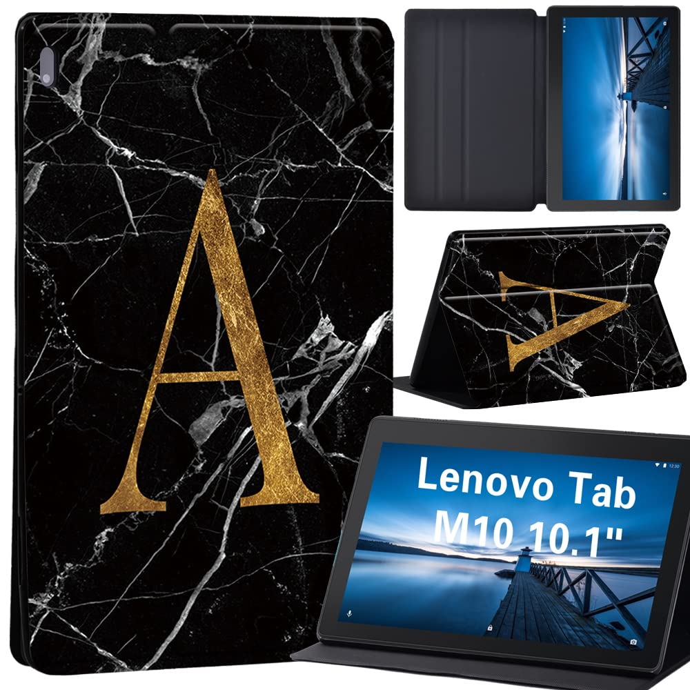 Case for Lenovo Tab M10 TB-X605F/ TB-X605L/ TB-X505F/ TB-X505L - Leather Stand Cover Case for Lenovo Tab M10 10.1-Inch Tablet (letter A on black marble)