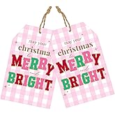 joycraft 50Pcs Christmas Tags with String - 3.3x2.1 in Pink Plaid Merry Christmas Hangtags, White Winter Holiday Gift Wrap Tags for DIY Craft, Bags, Party Favor, Teacher Appreciation