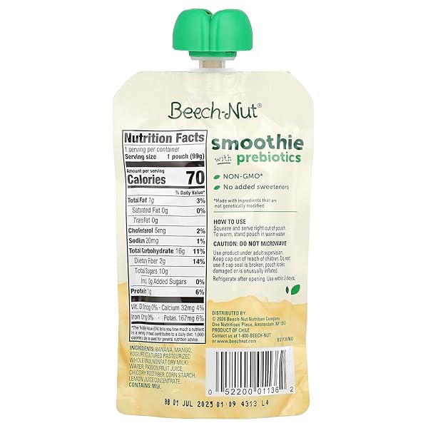 BEECH-NUT SMOOTHIE WITH PREBIOTICS, BANANA, MANGO, PASSION FRUIT & YOGURT, 3.5OZ POUCH