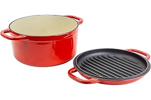Lodge 7 Quart Essential Enameled Cast Iron Double Dutch Oven- Dual Handles – Lid Doubles as Grill Pan, Oven Safe up to 500° F or on Stovetop - Use to Marinate, Cook, Bake, Refrigerate & Serve – Red