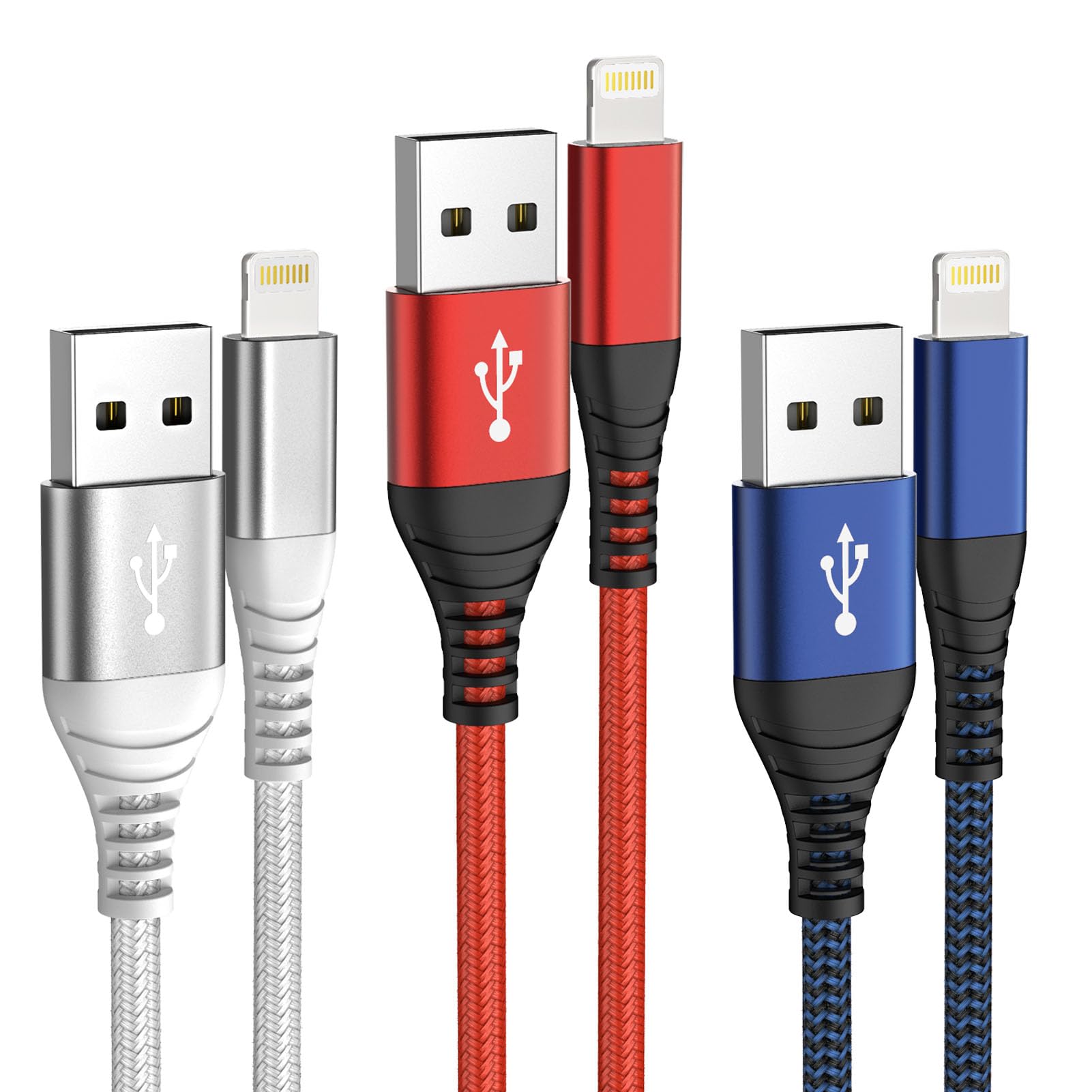 IDISON Iphone Charging Cable 2m 3Pack,MFi Certified Apple iPhone Charger Cable,Nylon Braided usb to Lightning Cable for iPhone 14 13 12 11 XS XR X Pro Max Mini 8 7 6S 6 Plus 5S SE(Red,Blue,Silver)