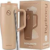 Hydracy Soulmate 40 oz Tumbler with Handle and Flip Straw - 100% Leakproof Reusable Insulated Cup with Stainless Steel Straw - Cupholder Friendly Rubber Base Travel Mug - Cafe Creme