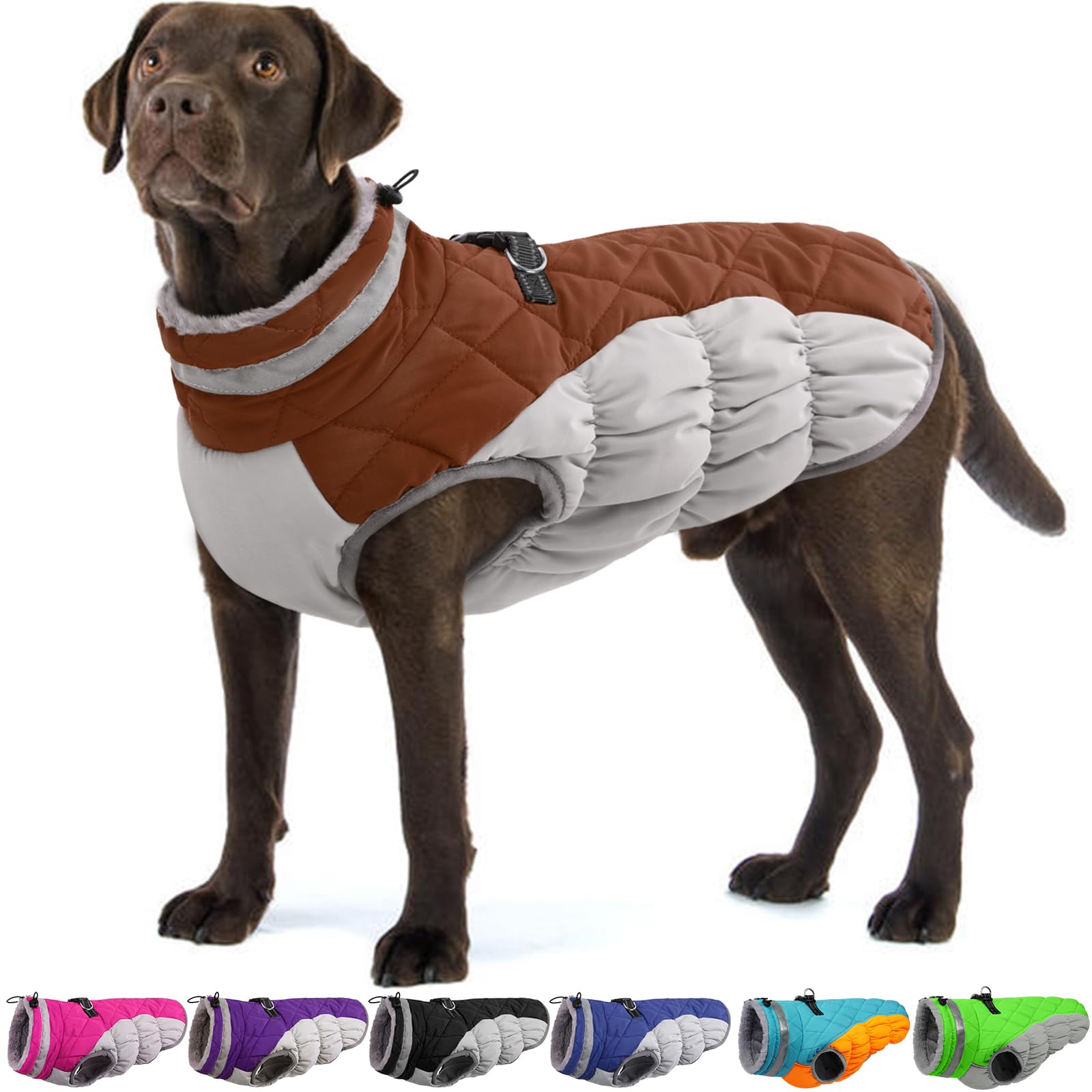 OUOBOB Dog Coat - Winter Jacket with Harness, Waterproof & Reflective, Windproof & Puffer Jacket - Brown XL