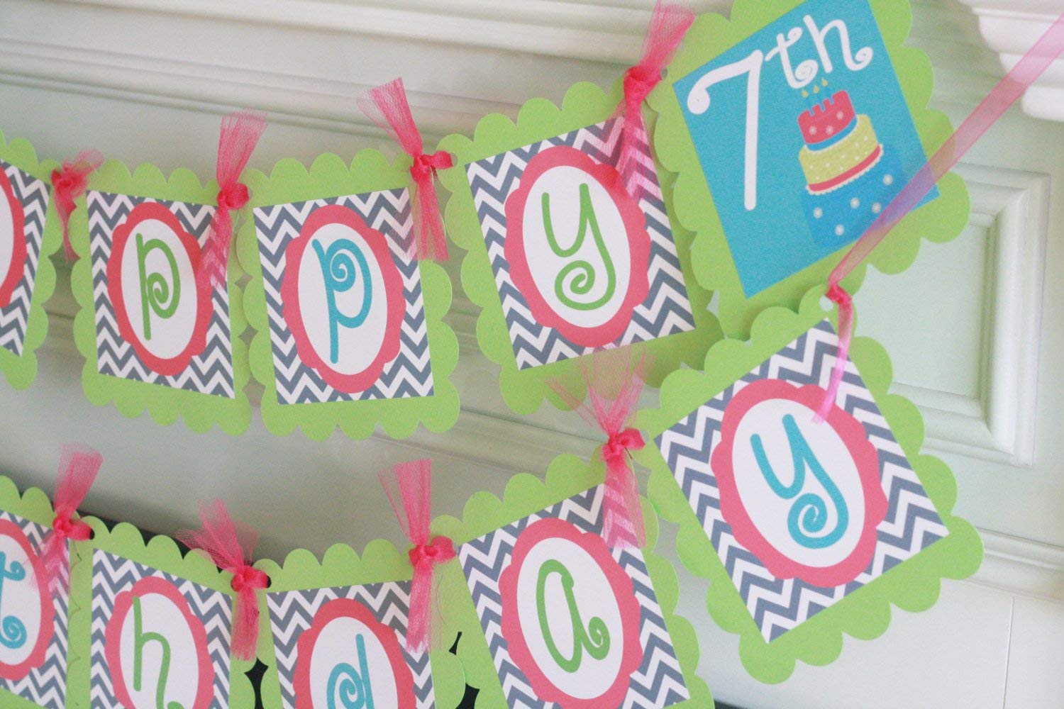 Amazon Com Happy Birthday Hot Pink Lime Green And Grey Chevron Baker Baking Banner Party Packs Matching Items Available Signs Tags Cupcake Toppers Etc Handmade