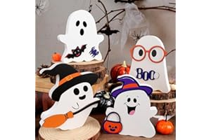 AKEROCK Cute Halloween Decorations Indoor - Halloween Decor/Ghost Decor, 4 PCS Wooden Ghost Halloween Signs for Table, Office Desk, Tiered Tray, Fireplace Mantle - Spooky Halloween Ghost Decorations