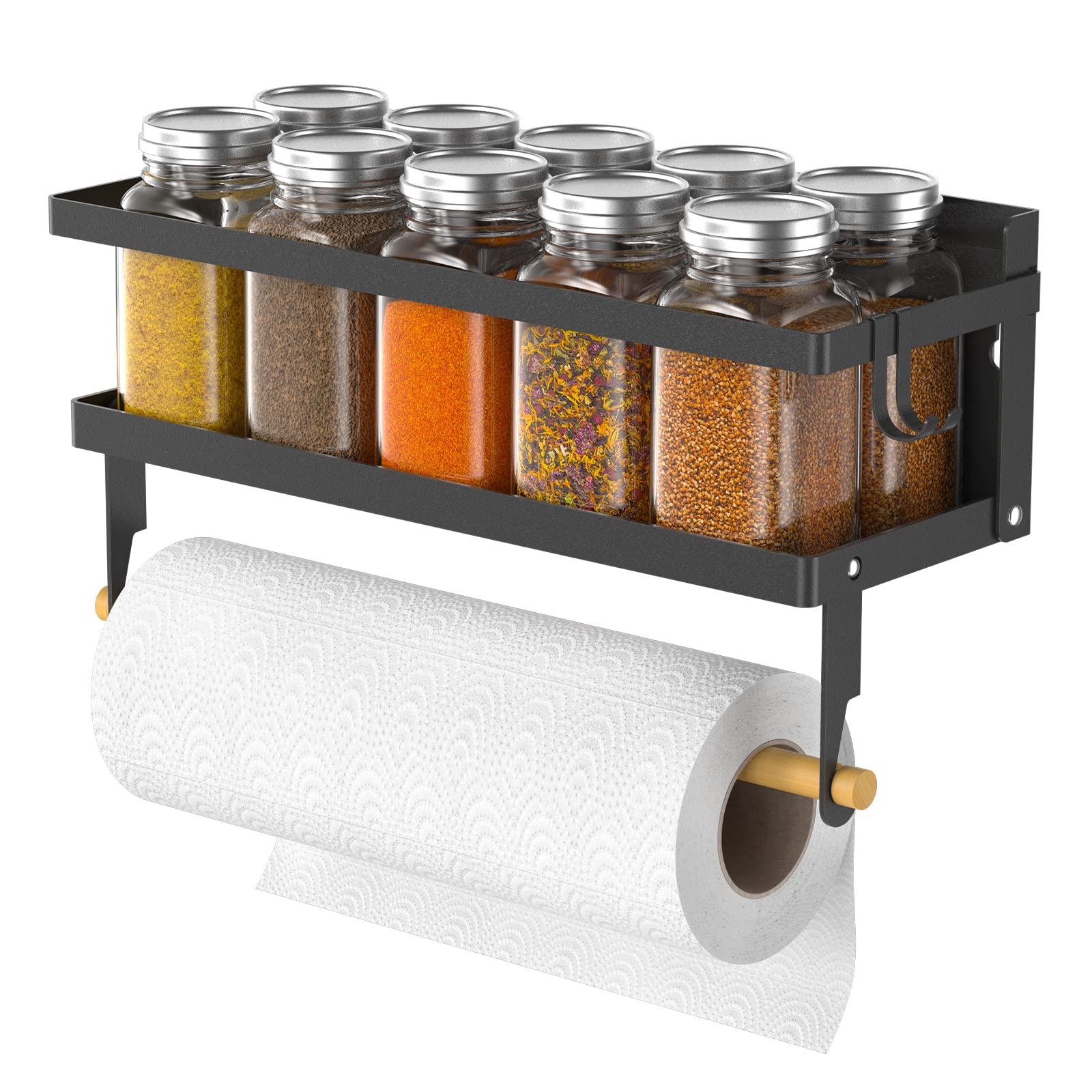 ARVINKEY Spice Rack Magnetic Shelf with Paper Towel Holder Roll and Hooks, Foldable Refrigerator Spice Holder, Wall Mounted Seasoning Organizer Hanging Storage Stand for Home Kitchen