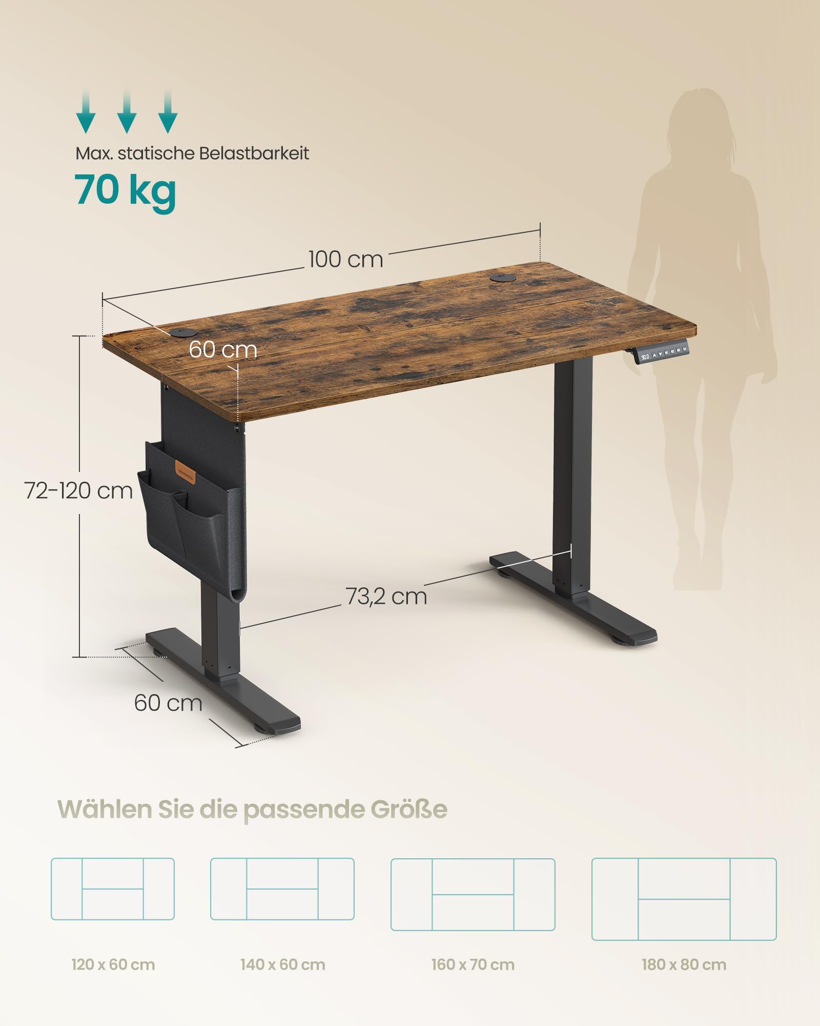 SONGMICS Höhenverstellbarer Schreibtisch elektrisch, 100 x 60 cm, Verstellbarer Tisch, Memory-Funktion für 4 Höhen, für Büro, vintagebraun LSD130KD01 7