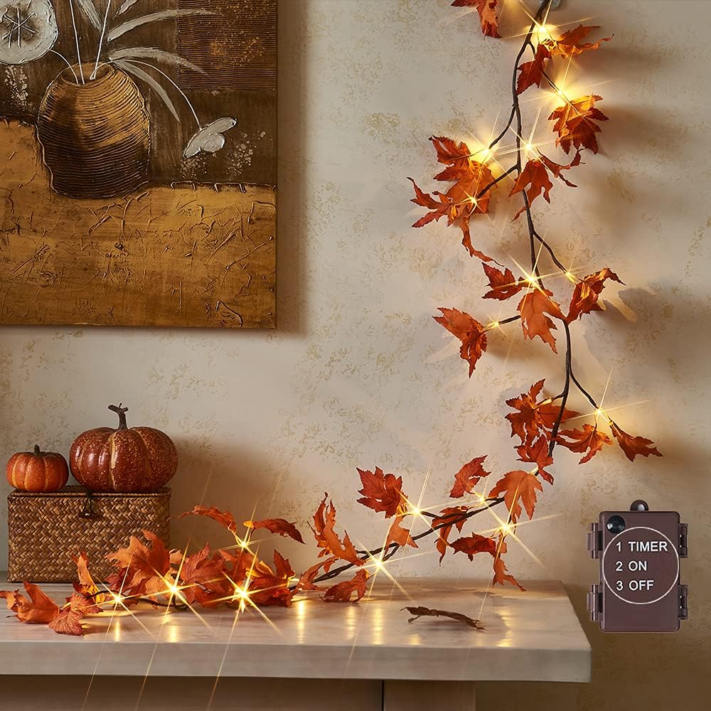 Wreaths, Garlands & Swags - Hairui Lighted Maple Leaf Garland with Timer 6FT 24 Warm White LED, Fall Garland with Lights Battery Operated for Thanksgiving Harvest Christmas Wedding Decoration Indoor Outdoor