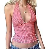 Women Halter Neck Tank Top Sexy Deep V Neck Tie Back Backless Camisole Y2k Slim Fit Sleeveless Crop Top Streetwear