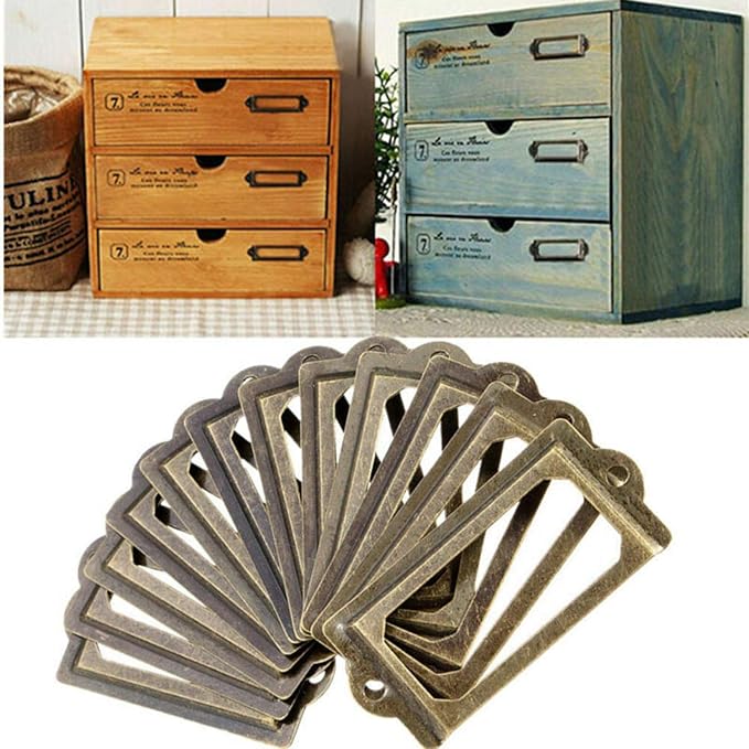 Hossom 32pcs Metal Label Holders, Drawer Tag, Antique Brass Metal File