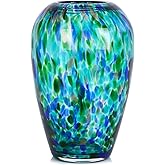 9" Tall Teal Vase Hand Blown Glass Vase, Unique Turquoise Glass Vases Modern Home Centerpieces, Wide Mouth Flower Vases for Bouquet, Living Room, Kitchen, Wedding, Dining Table Center