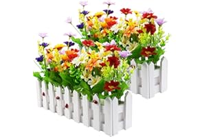 XONOR Artificial Flower Plants - Mixed Color Daisies in Picket Fence Pot for Indoor Office Wedding Home Decor, 2 Sets