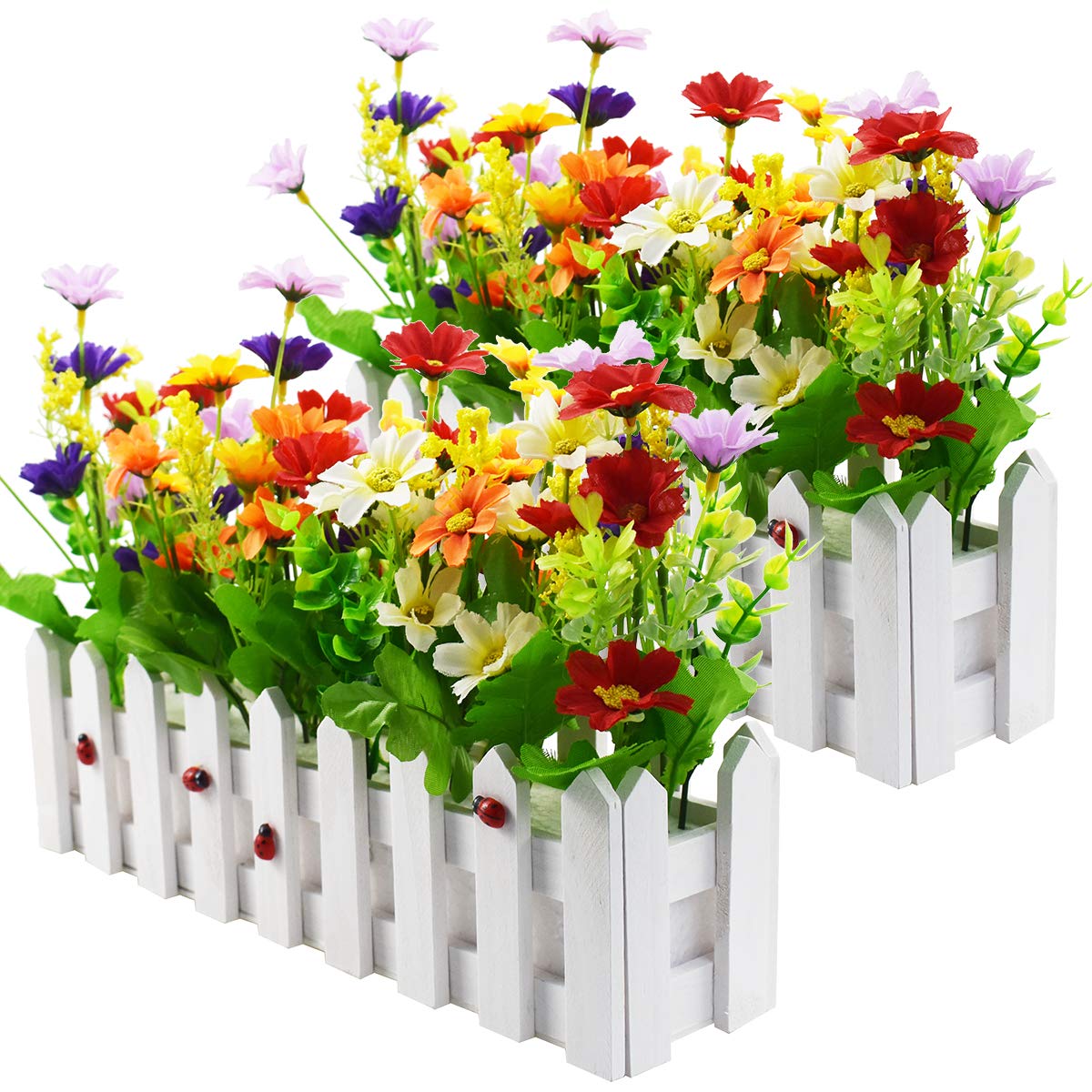XONOR Artificial Flower Plants - Mixed Color Daisies in Picket Fence Pot for Indoor Office Wedding Home Decor (2 Sets, Daisy)