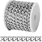 [16.5 FT] Silver Curb Chains for Jewelry Making, 7mm Wide 304 Stainless Steel Cuban Link Chain Roll Bulk for DIY Jewelry Making Craft