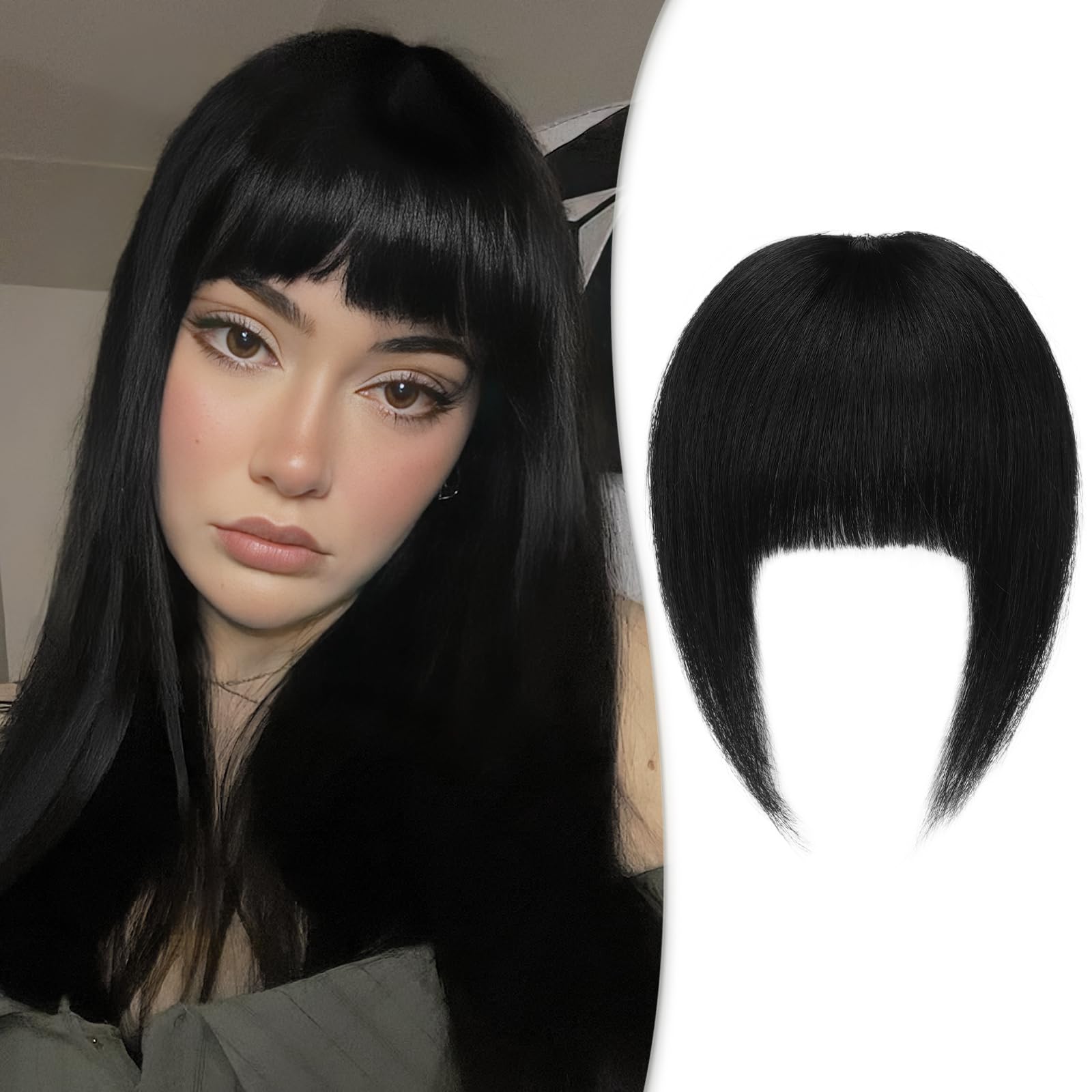 RUWISS Clip in Fringe 100% Human Hair Clip in Bangs Thick Bangs Fringe with Temples Fringe Extensions Clip in Hair for Women Bangs Hairpieces for Daily Wear(Natural Black)