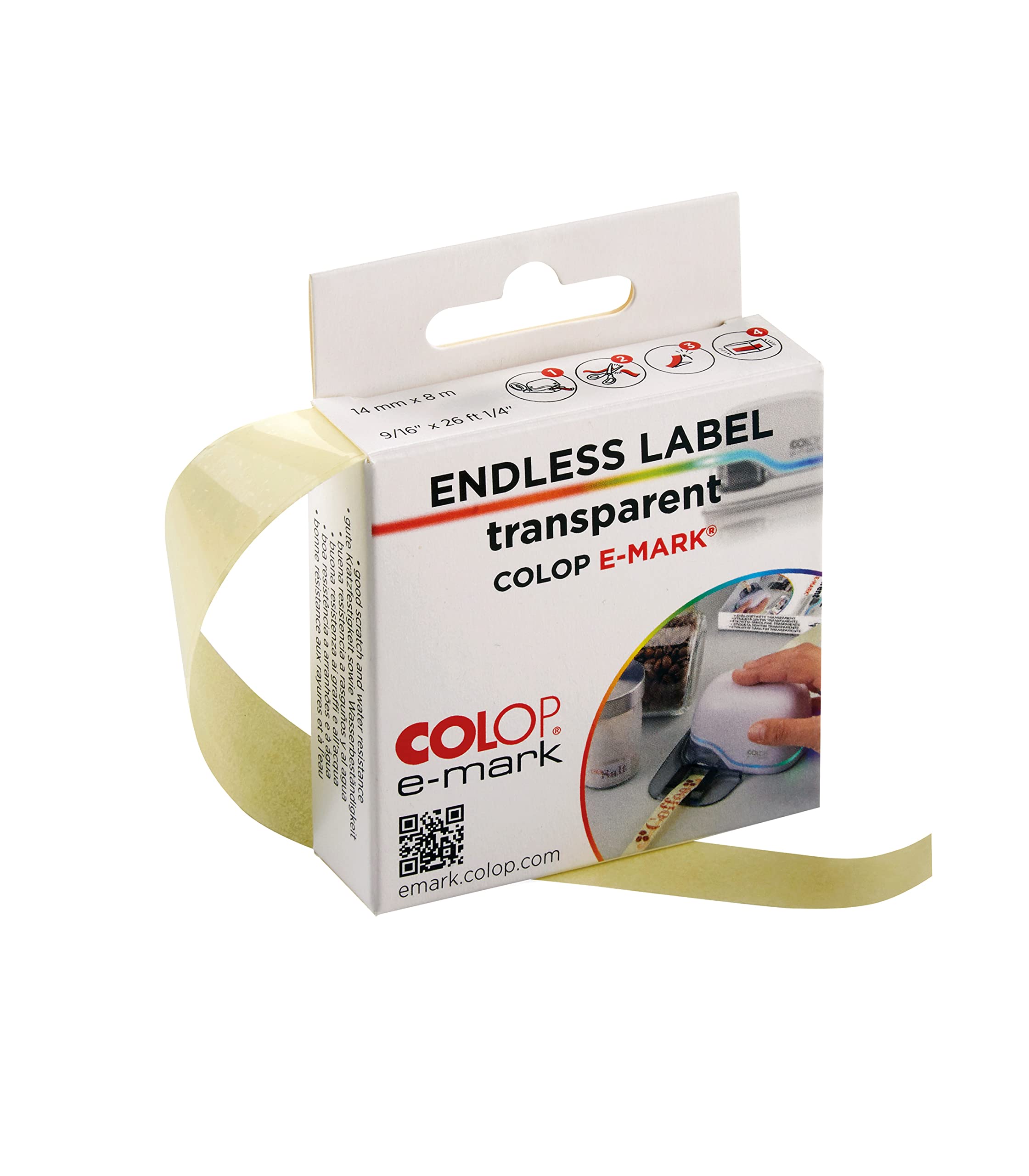 COLOP e-mark continuous transparent labels | 155362 | 14mm x 8 metres | Splashproof and scratch resistant