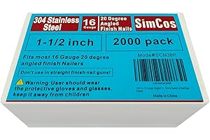 SimCos 16 Gauge Angled Finish Nails 304 Stainless Steel, (1-1/4", 1-1/2", 2", 2-1/2"), 20-Degree,Assorted Size Project Pack for Pneumatic, Electric Finish Nailer or Nail Gun (1-1/2 inch)