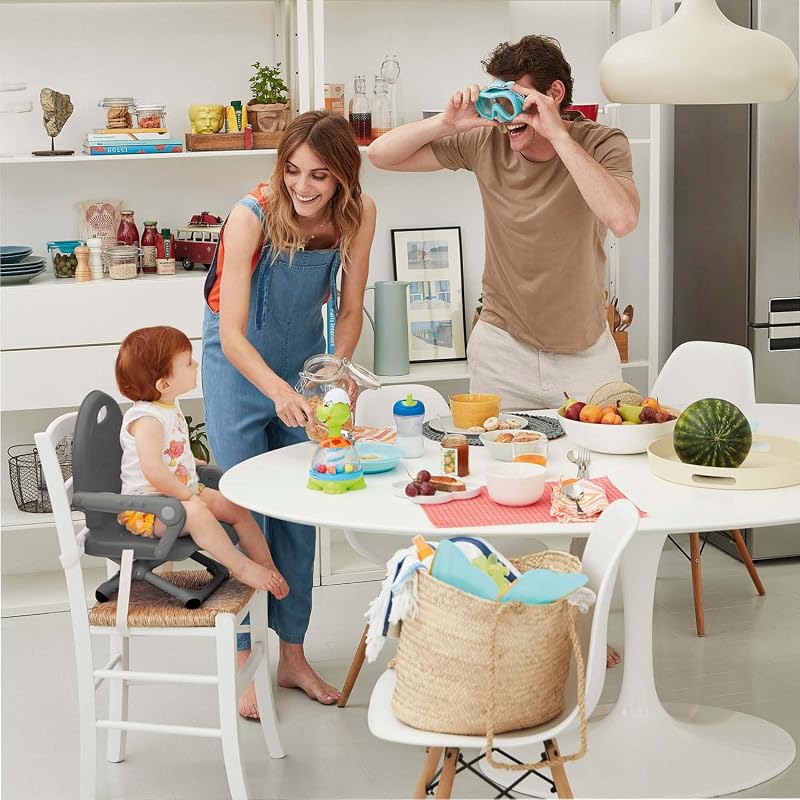 Pocket Snack Rialzo Sedia per Bambini 6 Mesi-3 Anni (15 kg), Seggiolino Pappa Alzasedia da Tavolo Portatile Seggiolone Da Viaggio Chiusura Compatta, Vassoio Rimovibile, Grigio