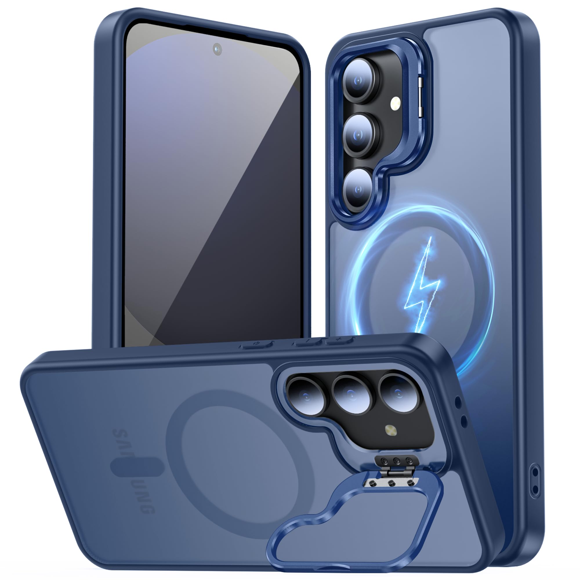 TOBOVON for Samsung Galaxy S24 FE Case, Compatible with MagSafe, Built-in Camera Ring Stand, Translucent Matte Military-Grade Drop Protection Magnetic Case, Blue