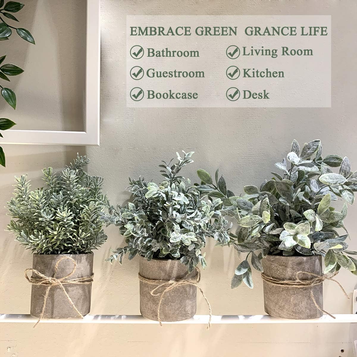 VIRONY Mini Potted Artificial Plants Plastic Fake Plants Faux Green Grass Topiary Shrubs for Home Bathroom Office Desk Decor Set of 3 Pack -