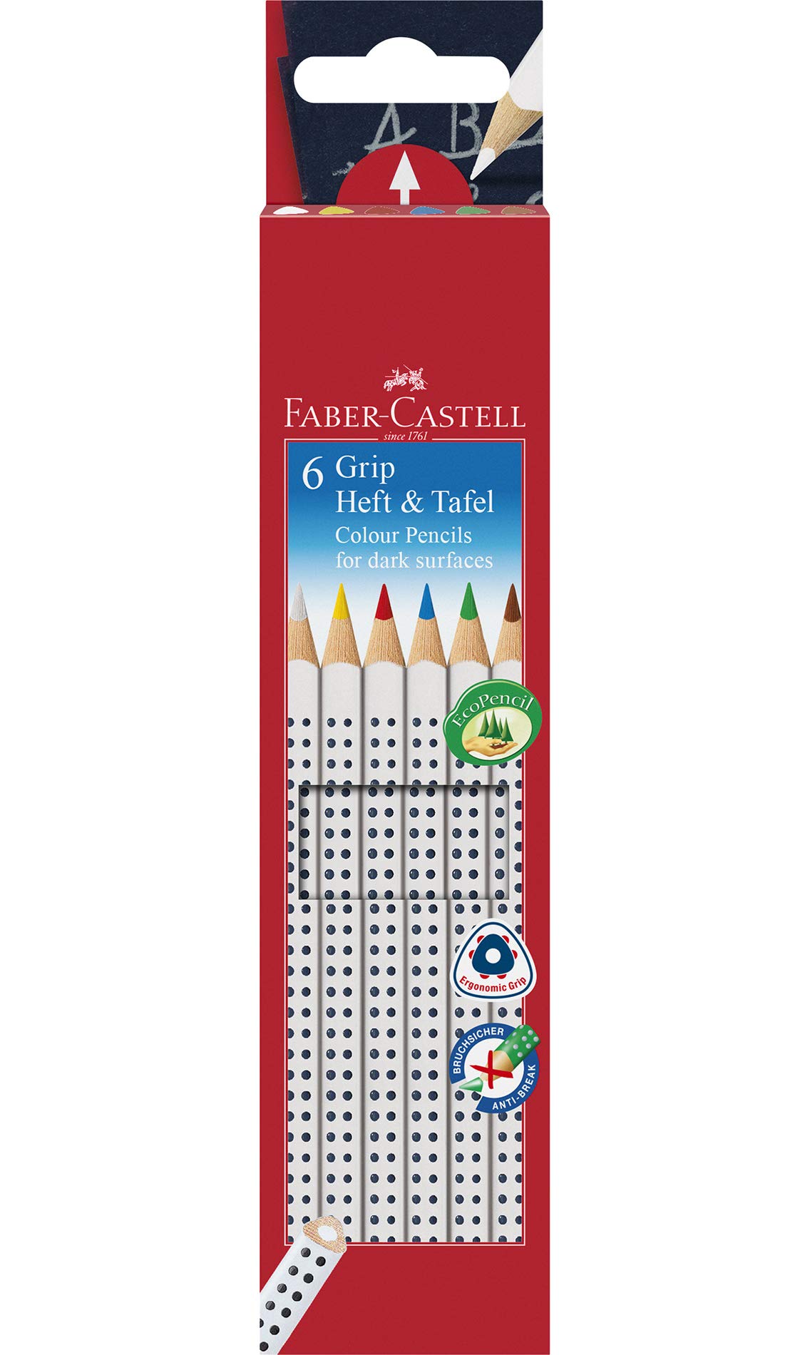 Faber-Castell Grip 113210 Colouring Pencils for use in Notebooks and on Boards White/Yellow/Red/Blue/Green/Brown Pack of 6