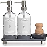 [Luxury] Kitchen Soap Dispenser Set - 16OZ Clear Glass Bottle, Stainless Steel Pump, Instant Dry Tray, Waterproof Labels, Non-Slip Silicone Pad, and Dish Brush | Upgrade for Your Kitchen and Bathroom