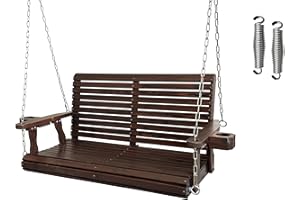 FORTUNE CANDY Wooden Porch Swing 2-Seater, Bench Swing with Cupholders, Hanging Chains and 7mm Springs, Heavy Duty 880 LBS, for Outdoor Patio Garden (Deep Brown, 4 FT Extra Large)