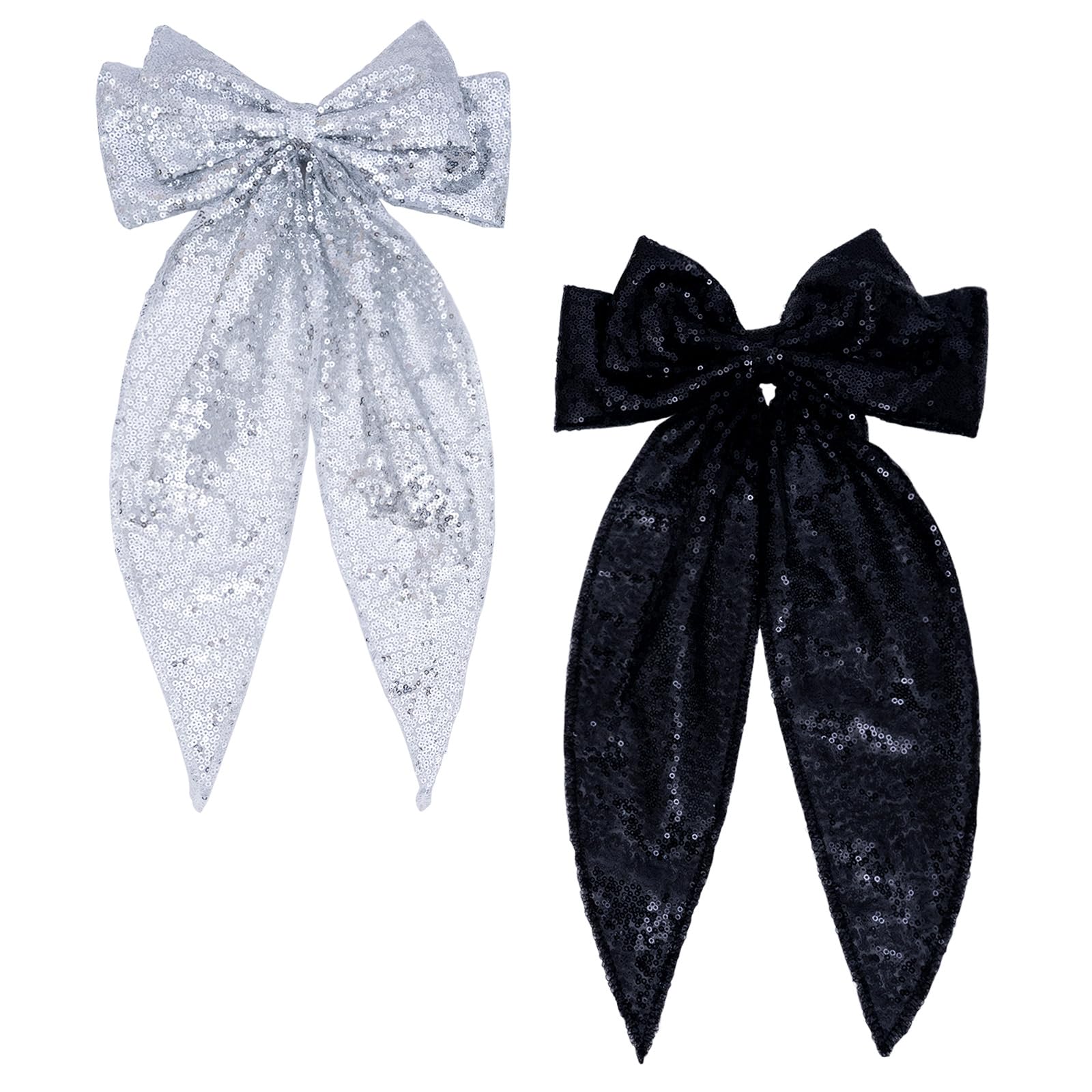 Eternal Beauty Sequin Bow Hair Clip Big Hairpin French Solid Color Barrette Soft air Bowknot Accessories for Women Girls 2Pcs (Silver and Black)