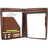 Freeprint Zippered Portfolio 3 Ring Binder Organizer with Writing Pad Legal Size Letter - PU Leather Padfolio Document Organizer for Interview Business,Brown
