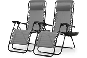 OS MOTOR Zero Gravity Chairs, Portable Folding Reclining Lounge Chairs with Adjustable Pillow and Cup Holder Trays for Outdoor, Patio, Beach, Camping, Garden, Poolside, Set of 2 Gray