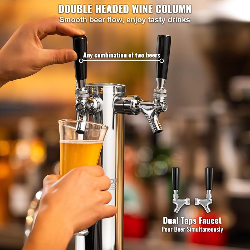 Kit Colonne à Bière 2 Robinets, Distributeur de Bière Boisson en Acier Inoxydable, Tireuse à Bière avec Régulateur à Double Jauge W21,8 et Coupleur de Fût Système S, pour Bar Restaurant Maison