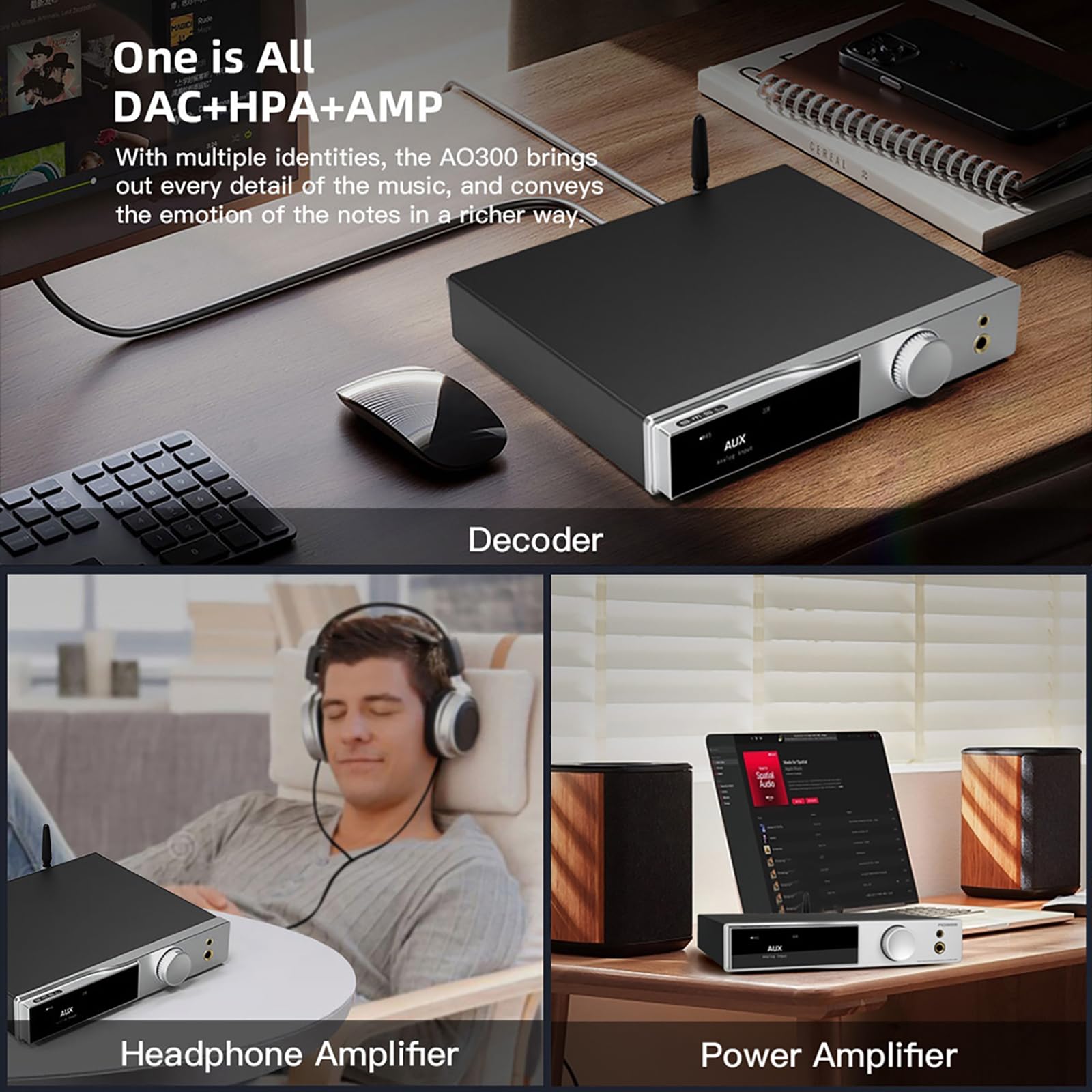 SMSL AO300 Amplificatore DAC 2.1 Canali - 165Wx2 Con Bluetooth 5.1, MQA, CS43131, XMOS XU316, Ingressi USB/HDMI ARC, Per Hi-Fi E Cuffie - 4