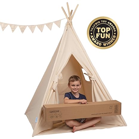 Canicove Tipi Zelt Für Kinder - Faltbares Indoor & Outdoor Set Baumwolle Naturfarben mit Massivholzpfosten & Jux Flaggen für 