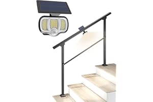 TITECK Hand Rails for Outdoor Steps, 4 Step Handrail with Solar Deck Lights, Stair Railing Indoor, Hand Rails for Indoor Stairs, Handrails for Outdoor Steps for Porch/Deck, Black