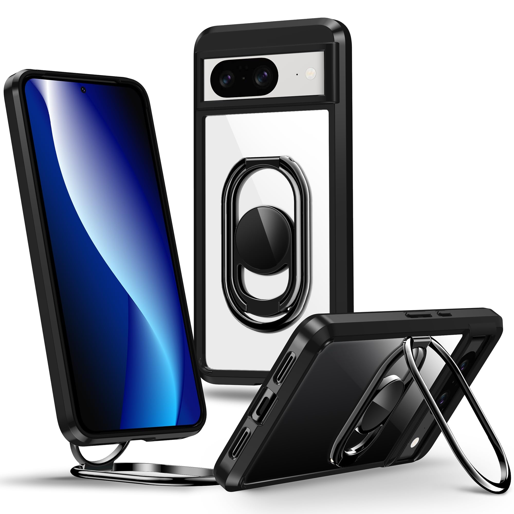 SHIELDS UP for Google Pixel 8a Case with Stand, Phone Case clear with Double Ring Holder【Adjustable & Fodable】 Shockproof Protective Cover for Google Pixel 8a 5G - Clear Black
