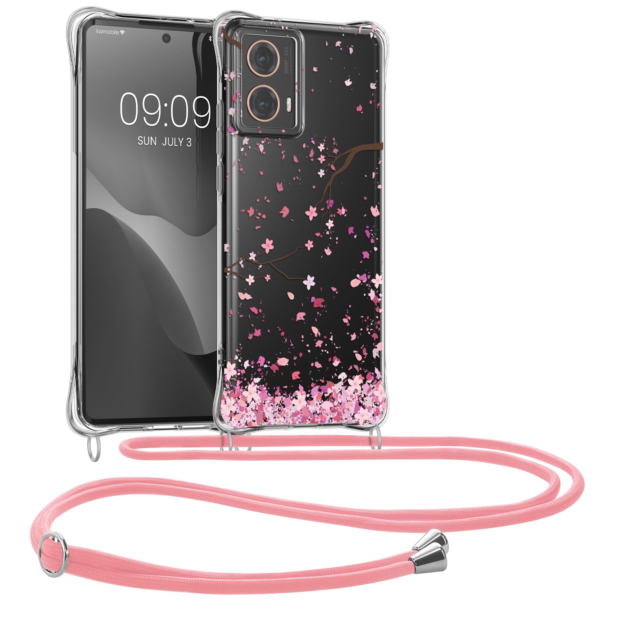 kwmobile Crossbody Case Compatible with Motorola Moto G85 5G Case Strap - Cherry Blossoms Pink/Dark Brown/Transparent