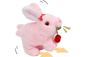 Cuteoy Walking Cherry Pink Bunny Stuffed Animal Talking Wagging Nodding Educational Plush Toy Electric Interactive Animated Plushies for Girls Boys Birthday